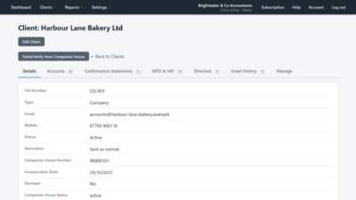 A company client record with its Companies House number, status and confirmation statement due date
